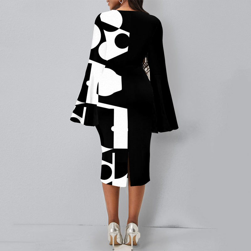 Geometric Print Flare Sleeve Casual Round Neck Bodycon Split Dress