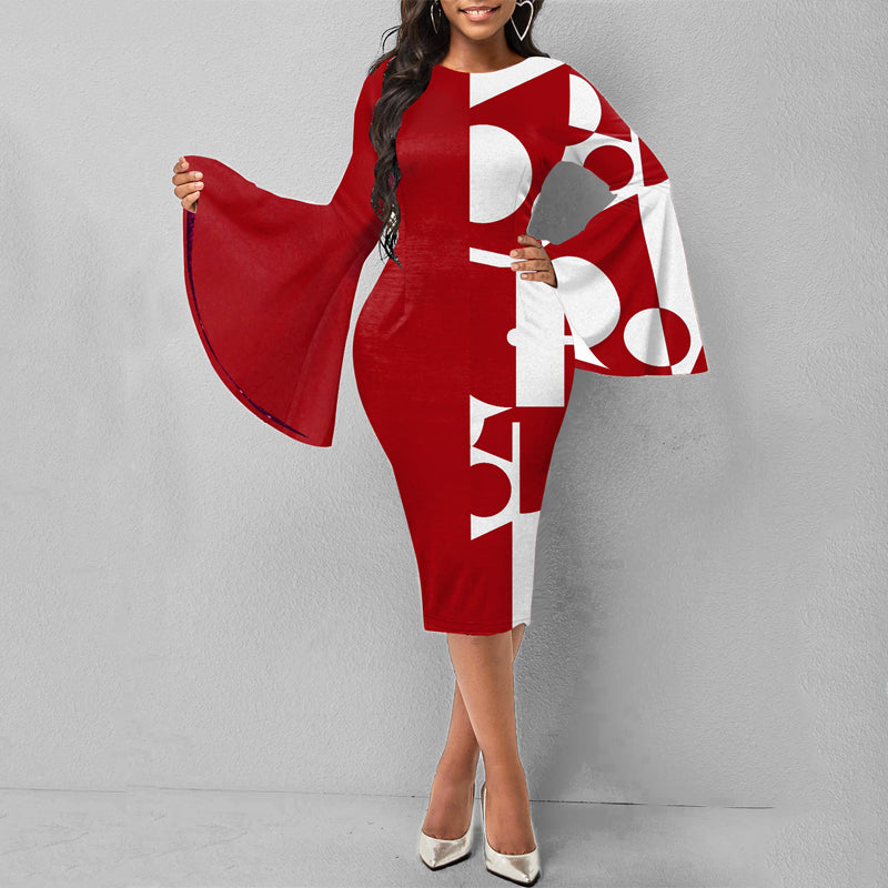 Geometric Print Flare Sleeve Casual Round Neck Bodycon Split Dress