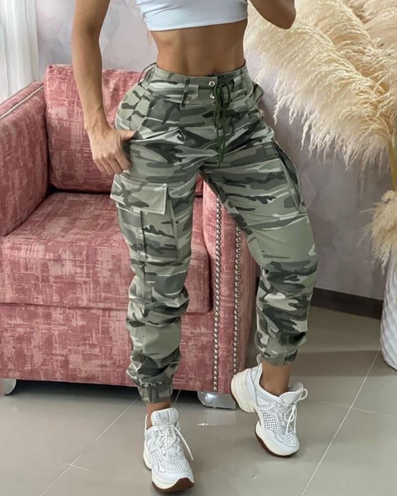 Spring Summer Camouflage Print Drawstring Pocket Design Cargo Pants