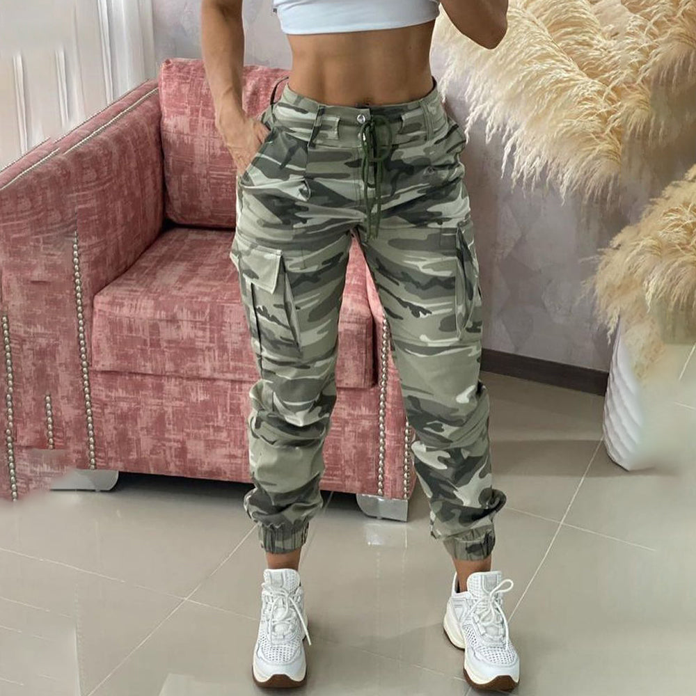 Spring Summer Camouflage Print Drawstring Pocket Design Cargo Pants