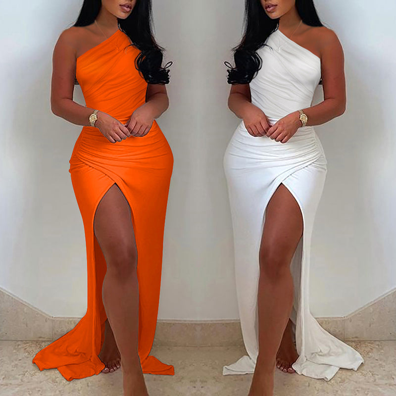 Solid One Shoulder High Split Ruched Maxi Floor Dress