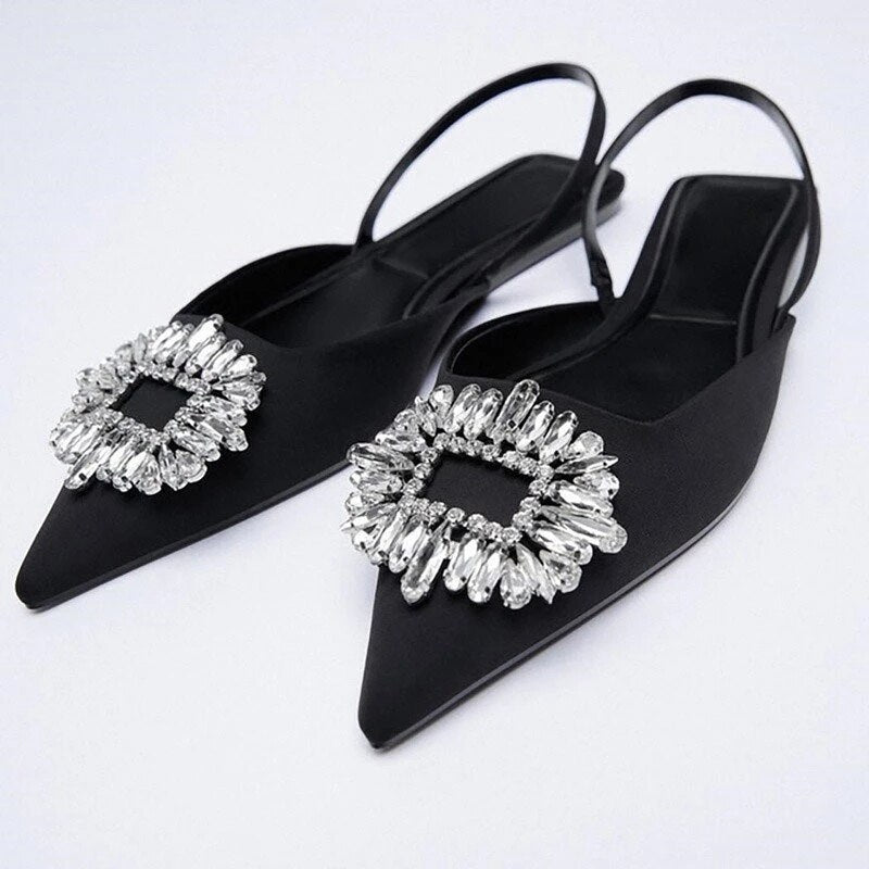 Pointed Toe Bow Rhinestone Flat Sandals