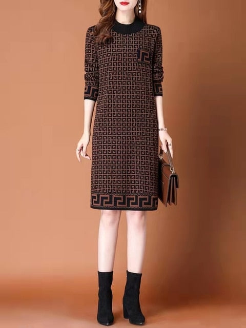 Designer Contrast Color Knit Sweater Dress