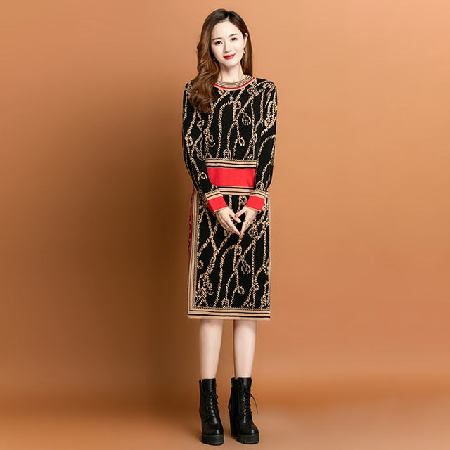 Designer Contrast Color Knit Sweater Dress