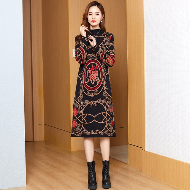 Designer Contrast Color Knit Sweater Dress