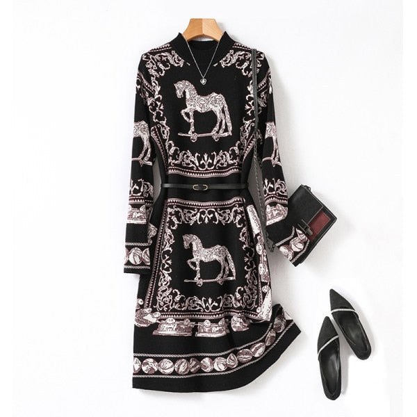 Designer Contrast Color Knit Sweater Dress