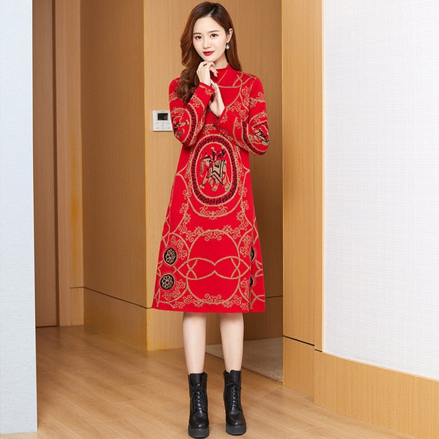 Designer Contrast Color Knit Sweater Dress