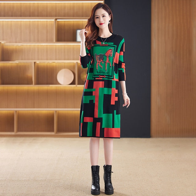 Designer Contrast Color Knit Sweater Dress