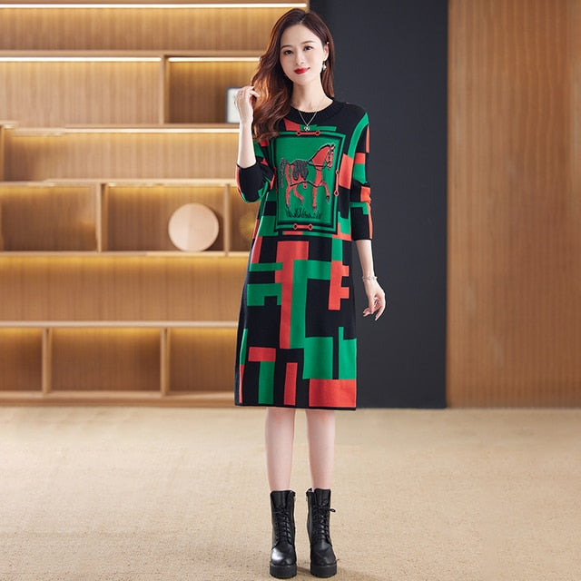 Designer Contrast Color Knit Sweater Dress