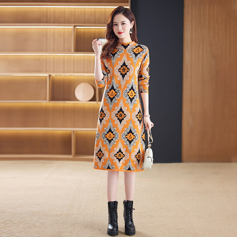 Designer Contrast Color Knit Sweater Dress
