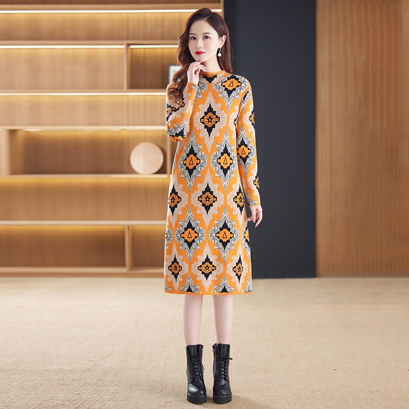 Designer Contrast Color Knit Sweater Dress