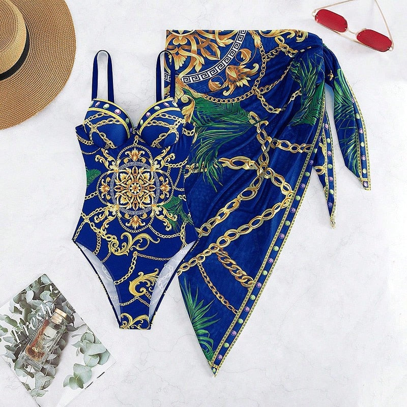 Two Piece Push Up Floral Printed Strappy Bandage Swimwear