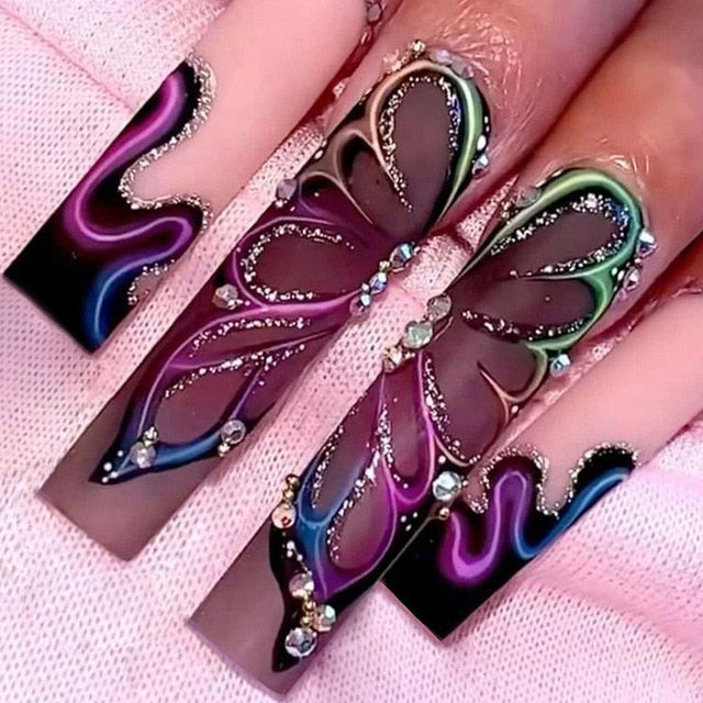 24Pcs Rhinestone Glitter Marble Grain Design Full Cover Press on Nails