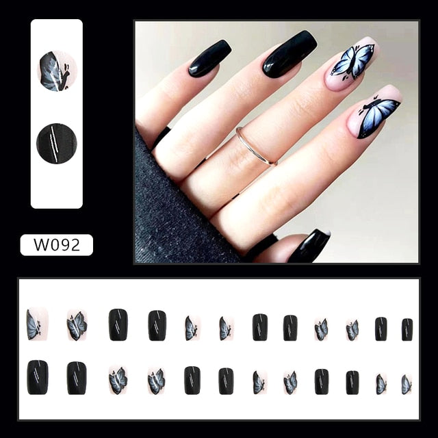 24Pcs/box Press On Nails with Glue Long Coffin Glossy Glitter Fake Nail Tips