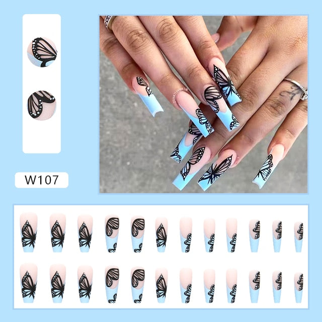 24Pcs/box Press On Nails with Glue Long Coffin Glossy Glitter Fake Nail Tips