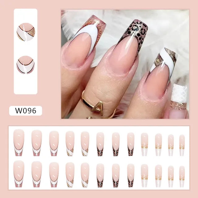 24Pcs/box Press On Nails with Glue Long Coffin Glossy Glitter Fake Nail Tips