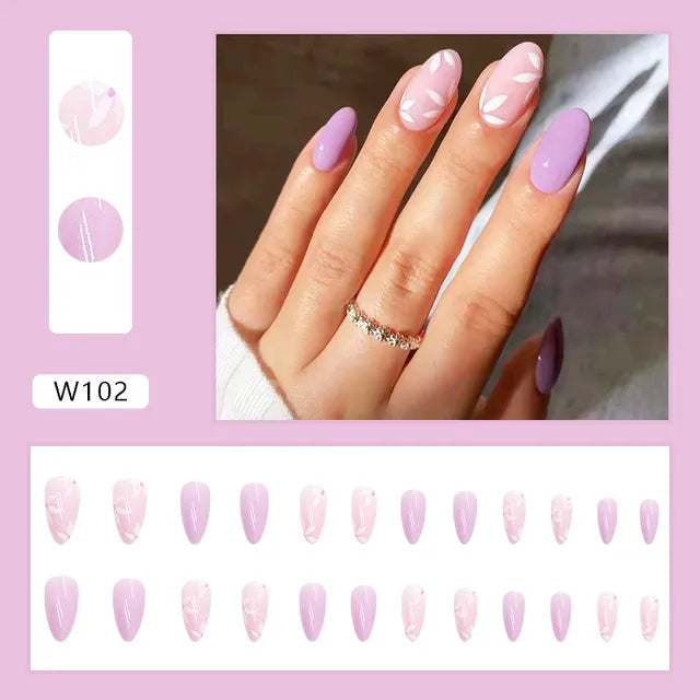 24Pcs/box Press On Nails with Glue Long Coffin Glossy Glitter Fake Nail Tips