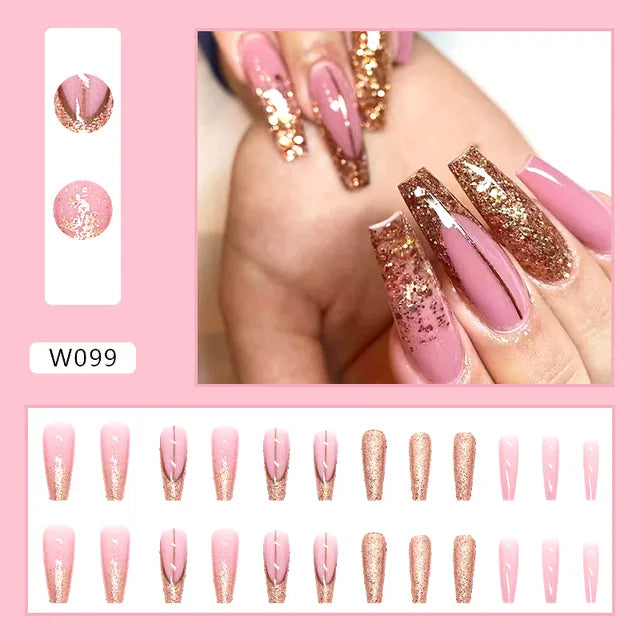 24Pcs/box Press On Nails with Glue Long Coffin Glossy Glitter Fake Nail Tips