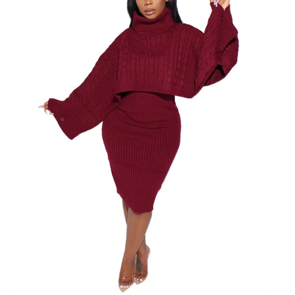 2Pcs Sexy Women Solid Color Long Sleeve Turtle Neck Pullover Sweater Vest Dress