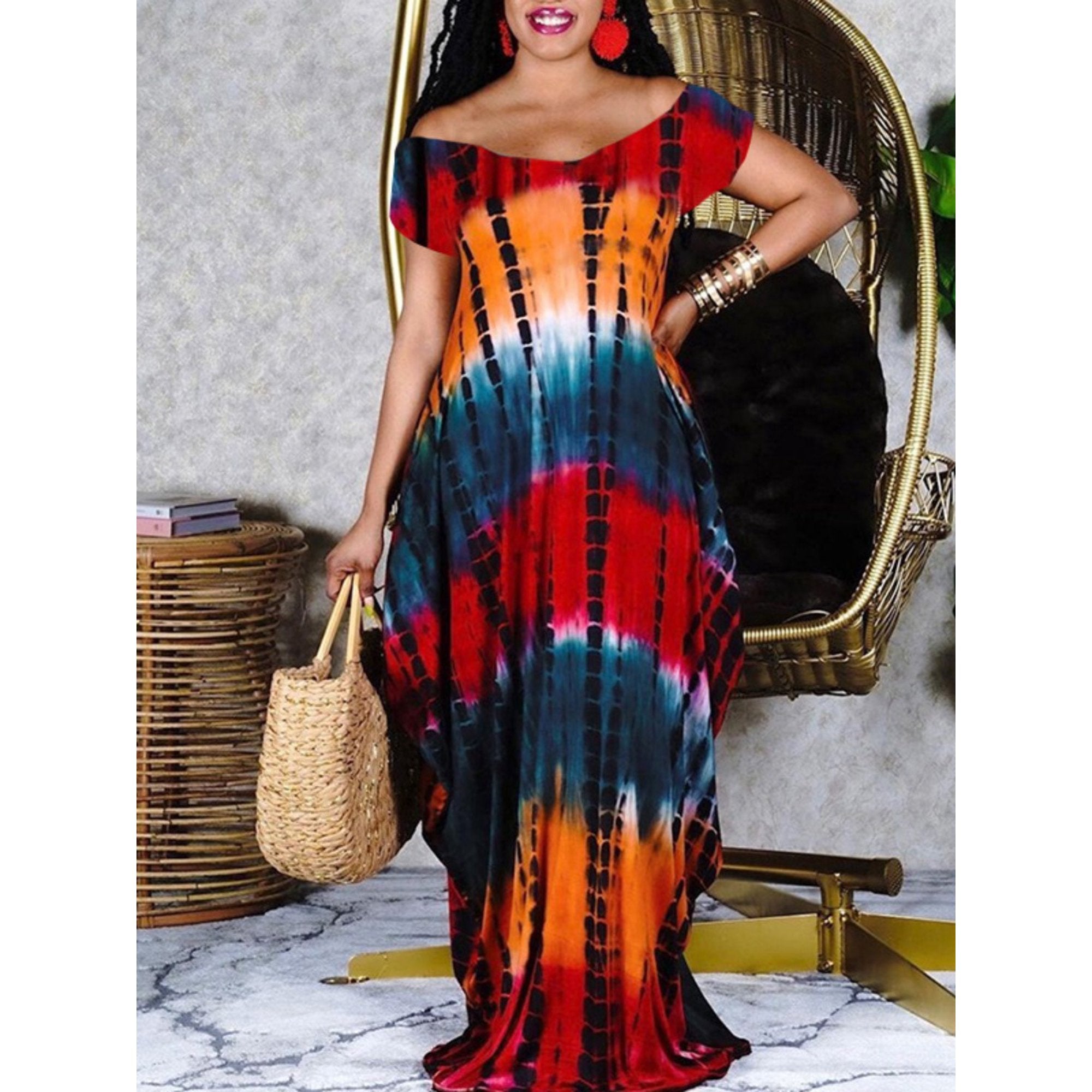 Colorful Tie Dye Print Off Shoulder Maxi Dress