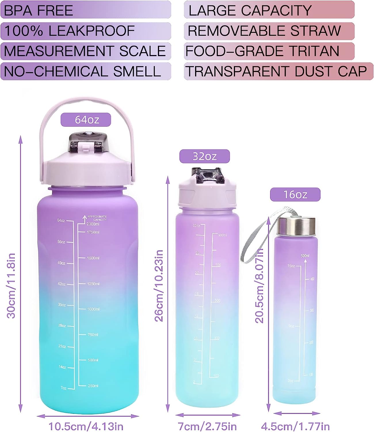 Plastic Frosted Gradient Portable 3pcs Large Capacity Water Bottle Set