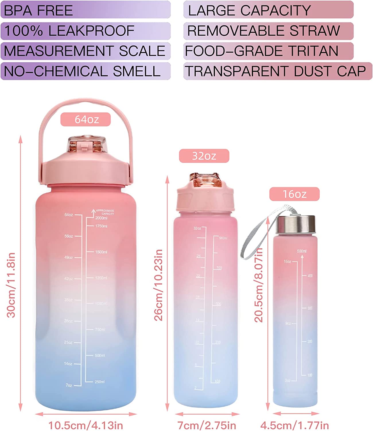 Plastic Frosted Gradient Portable 3pcs Large Capacity Water Bottle Set
