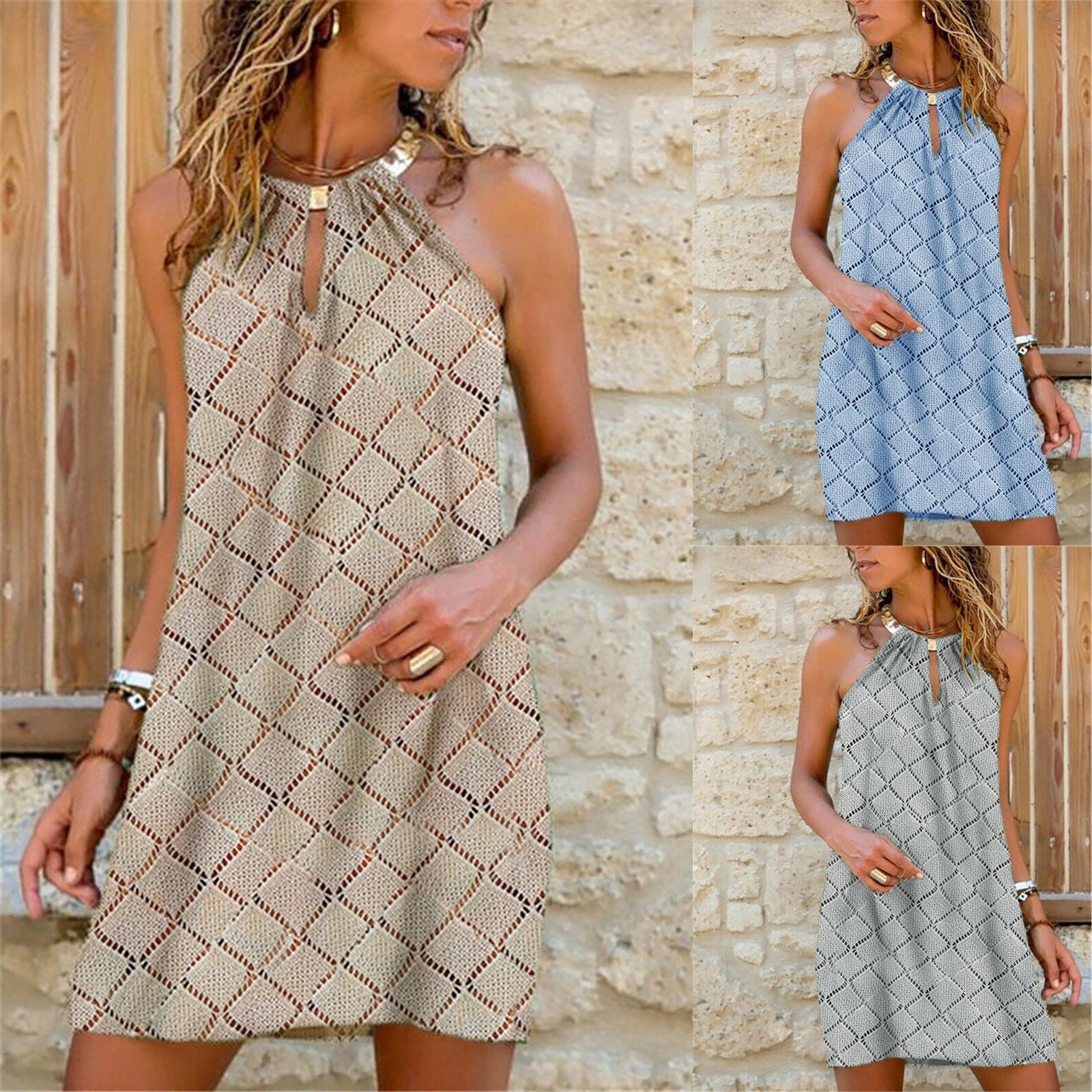Summer Metal Hanging Neck Diamond Print Sleeveless Mini Dress