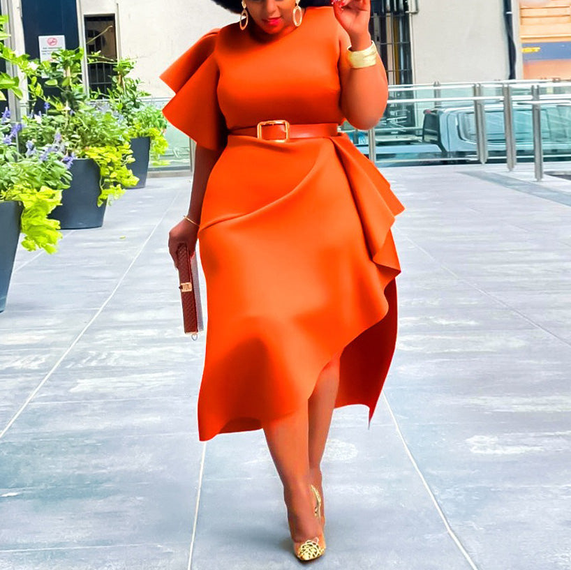 Plus Size Orange Ruffles High Waisted Elegant Dress