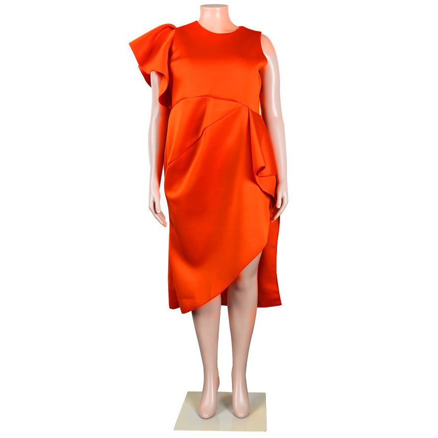 Plus Size Orange Ruffles High Waisted Elegant Dress