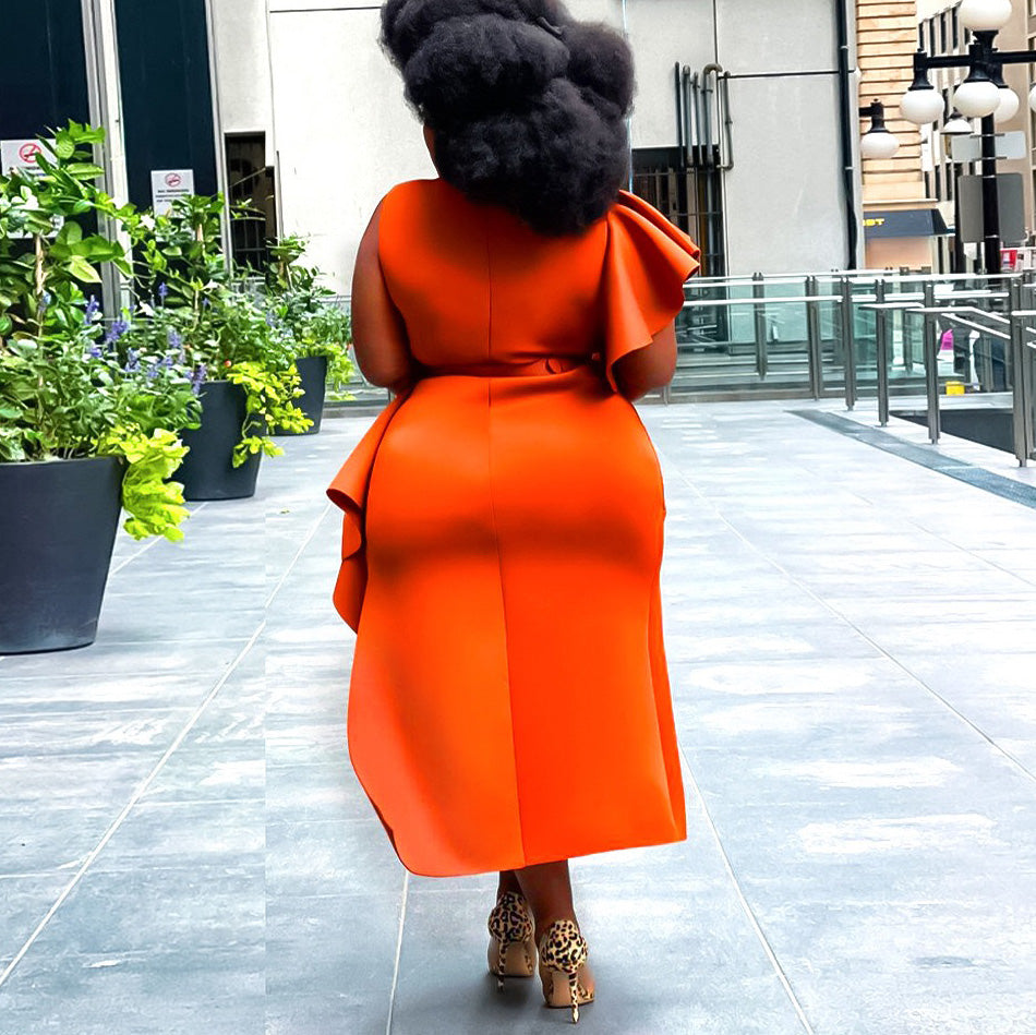 Plus Size Orange Ruffles High Waisted Elegant Dress