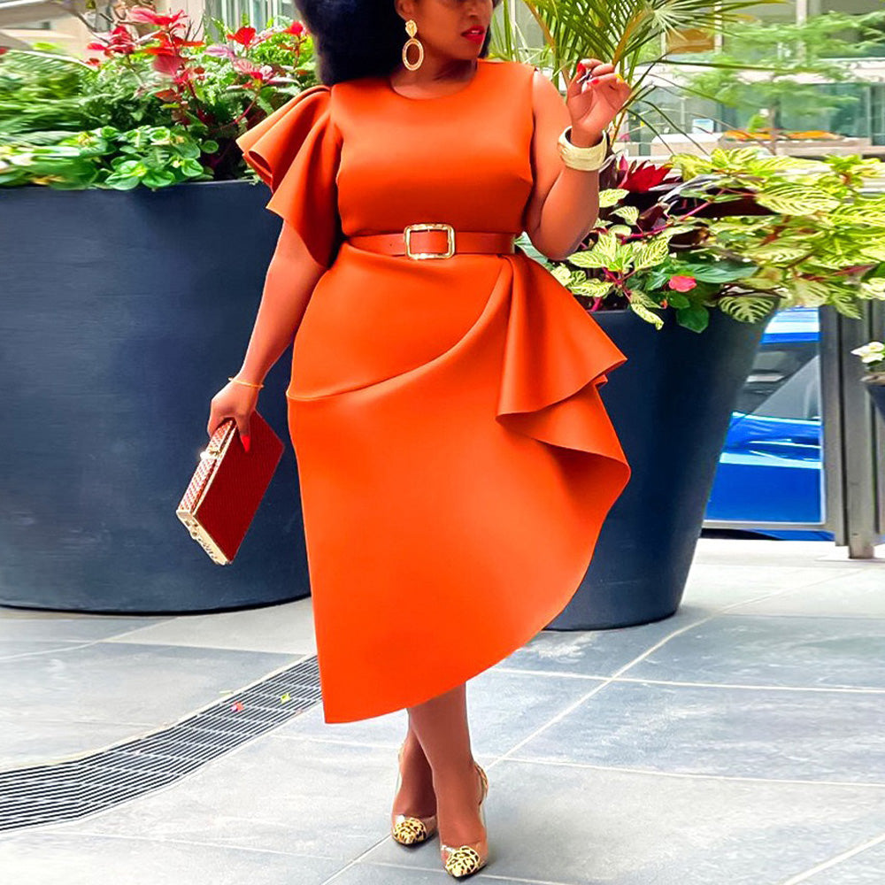 Plus Size Orange Ruffles High Waisted Elegant Dress