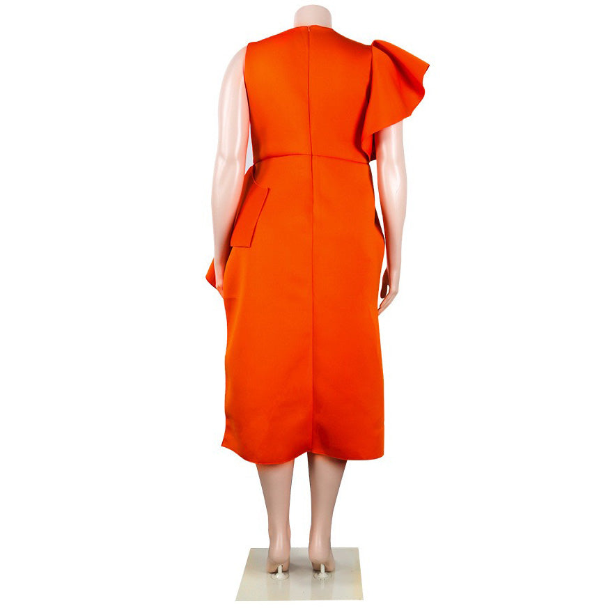 Plus Size Orange Ruffles High Waisted Elegant Dress