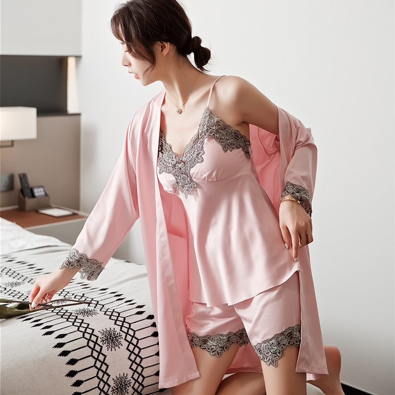 Lace Satin Pajamas Gown Set