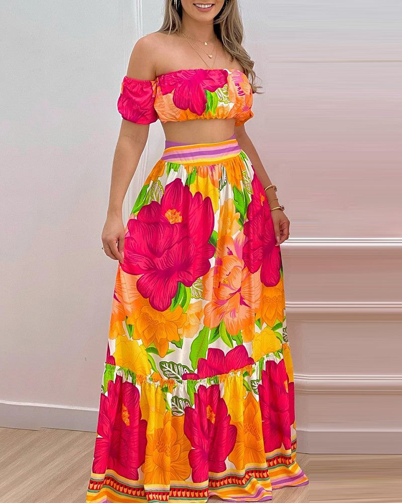 Floral Print Off Shoulder Lantern Sleeve Top &amp; Skirt Set