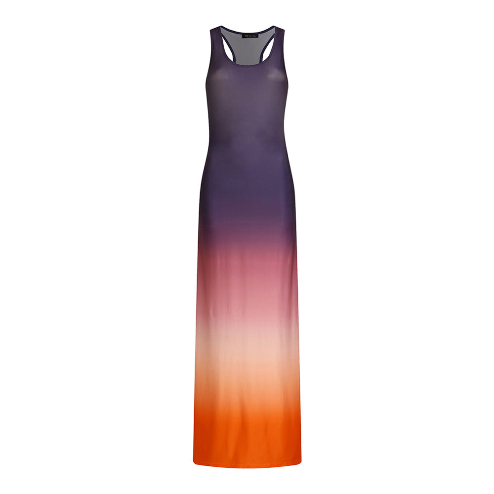 Gradient Color Sleeveless O Neck Floor Length Dress