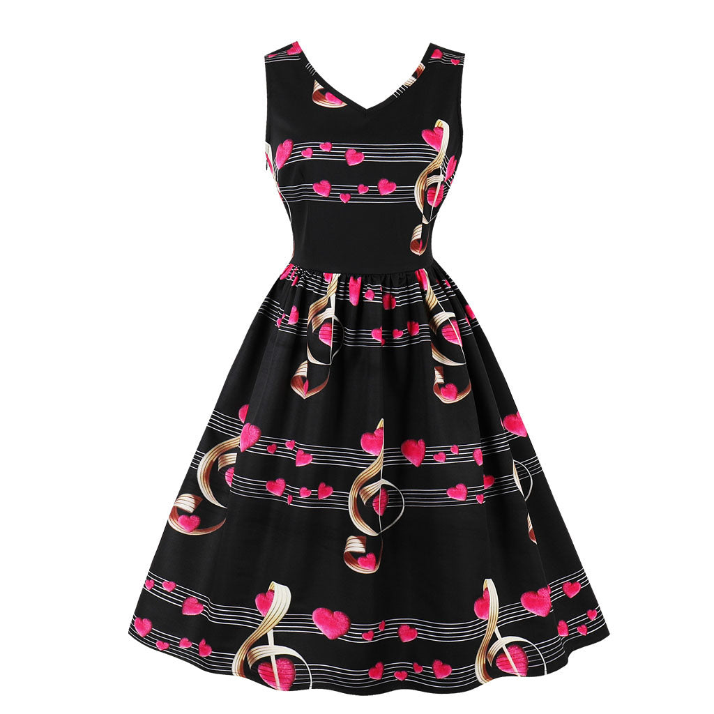 Heart Prints V-Neck Vintage Women Party Dress