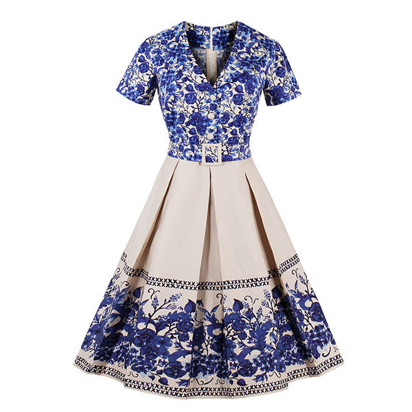 Retro Style Flower Pleated A-Line Dress