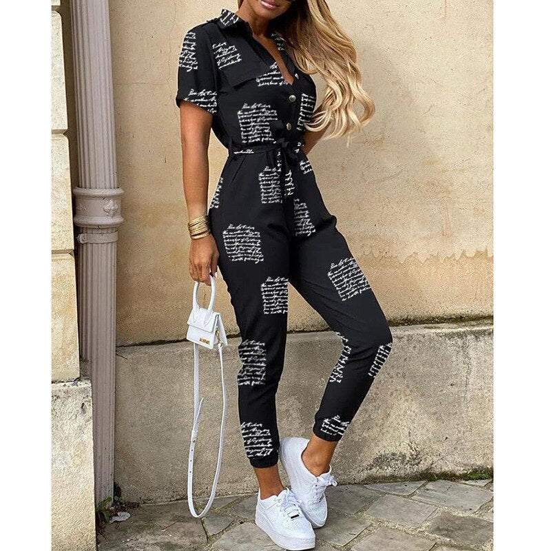 Summer Autumn Women Lapel Jumpsuits