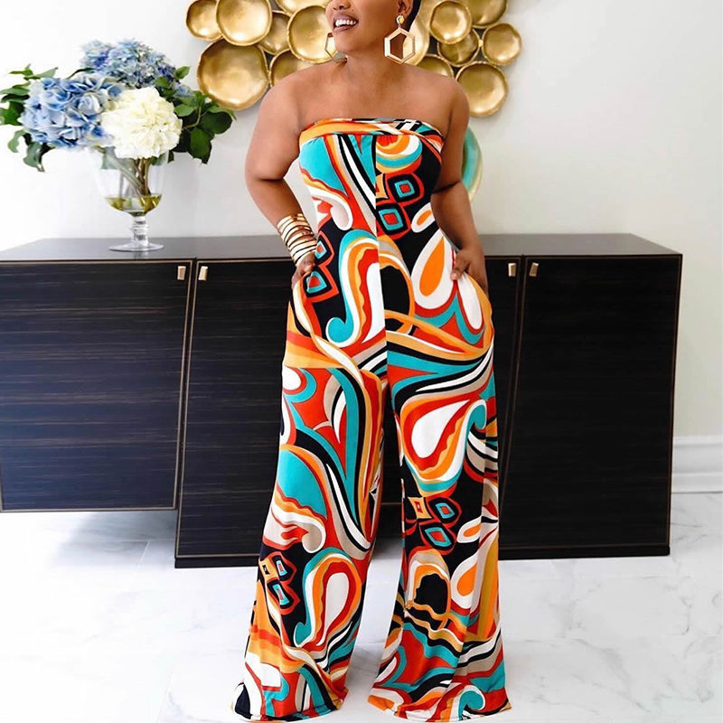Summer Abstract Printed Tube Wide Leg  Jumpsuit