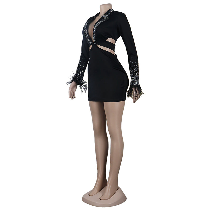 Plunge V Neck Long Sleeve Hollow Out Rinestone Diamonds Feather Mini Club Dress