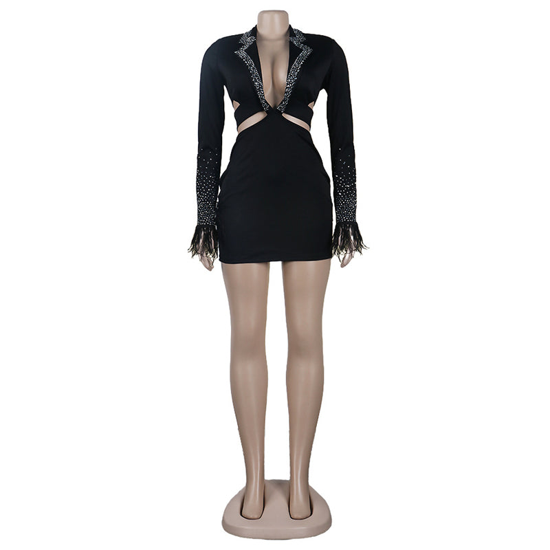 Plunge V Neck Long Sleeve Hollow Out Rinestone Diamonds Feather Mini Club Dress