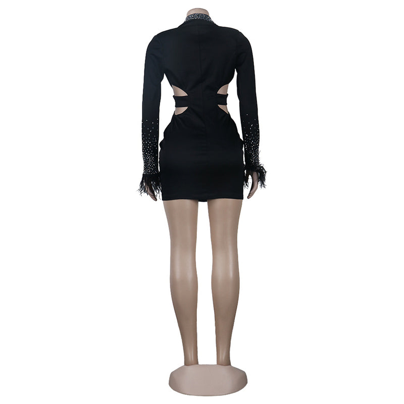 Plunge V Neck Long Sleeve Hollow Out Rinestone Diamonds Feather Mini Club Dress