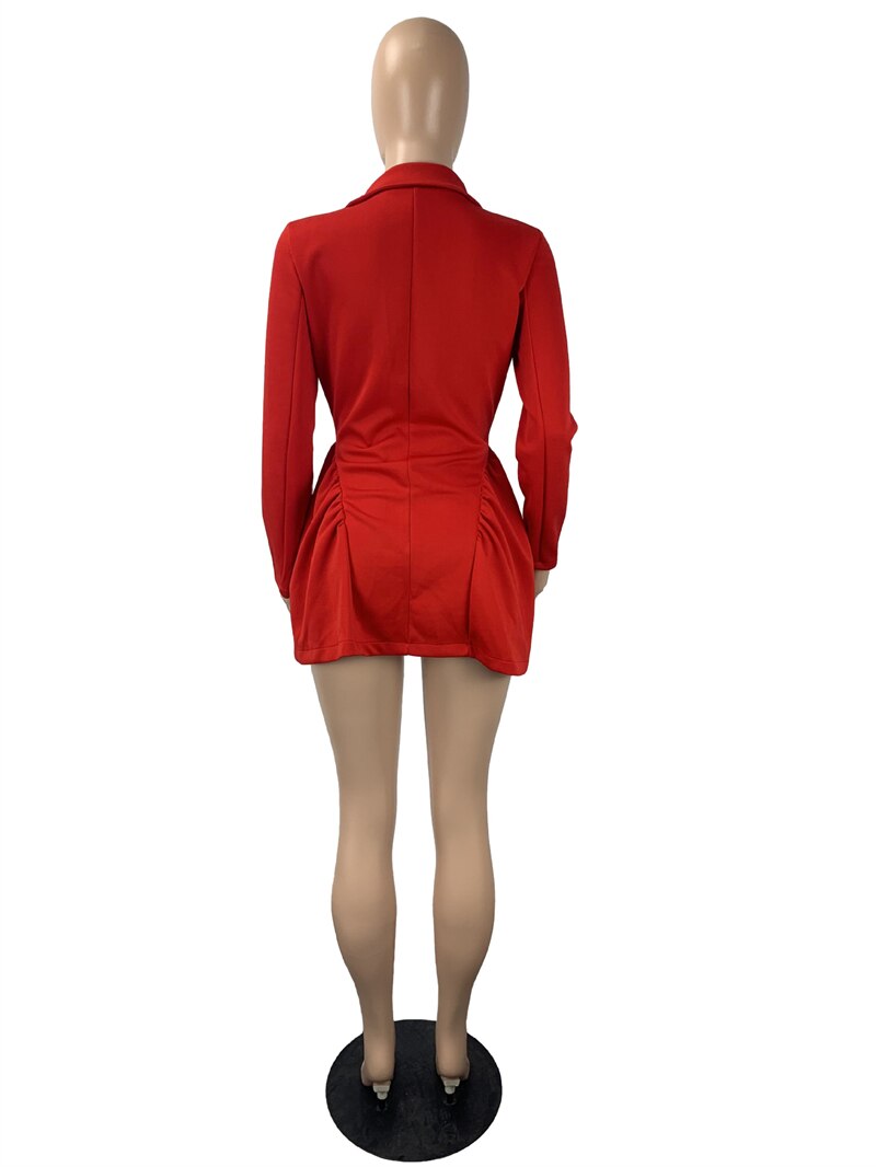 Notched Long Sleeve Double Breasted Ruffle Solid Fall Blazer Dress