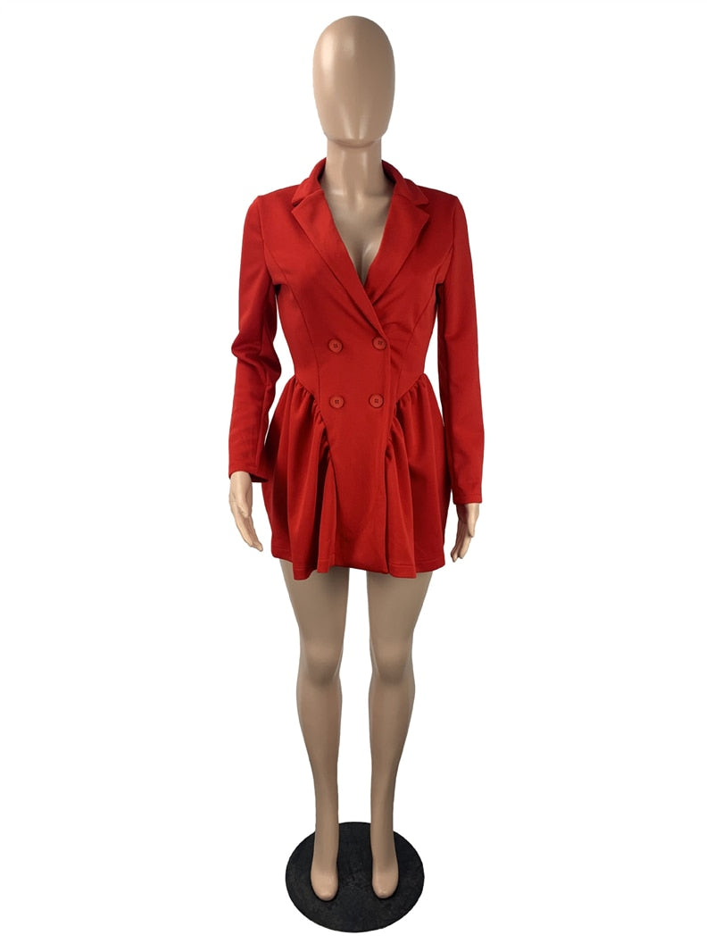 Notched Long Sleeve Double Breasted Ruffle Solid Fall Blazer Dress