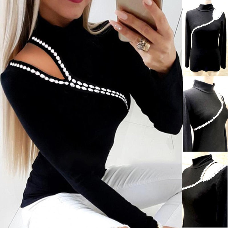 Long Sleeve Hollow Out Patchwork Off Shoulder Plain Tops