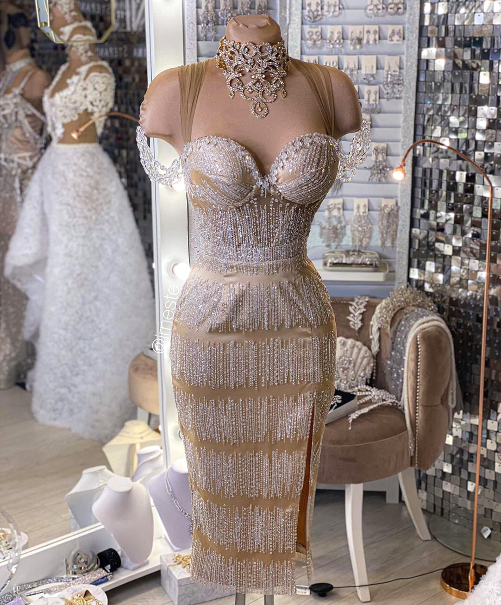 Luxury Beaded Sequin Glitter V Neck Backless Skinny Mini Dress