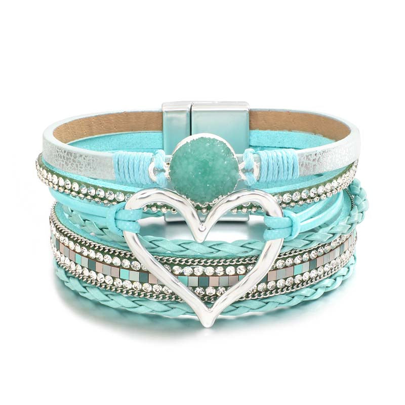 Braided Leather Wrap  Multilayer Resin Stone Hollow Heart Charm Bracelets