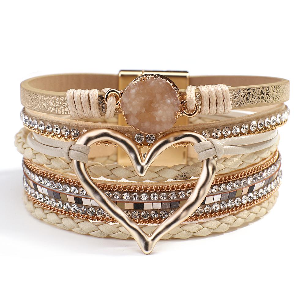 Braided Leather Wrap  Multilayer Resin Stone Hollow Heart Charm Bracelets