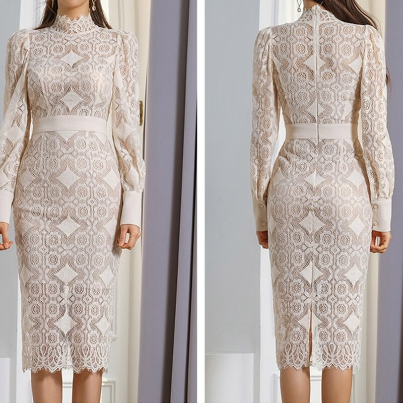 Autumn  Elegant Stand Neck Long Sleeve Slim Bodycon Lace Dress