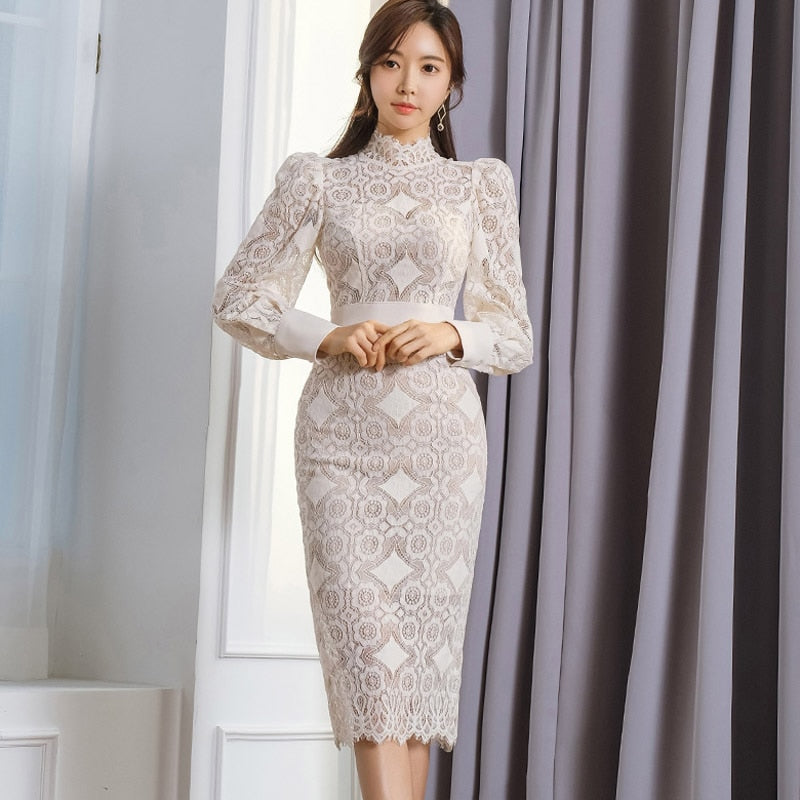 Autumn  Elegant Stand Neck Long Sleeve Slim Bodycon Lace Dress